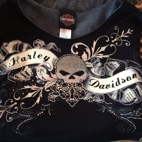 Harley Davidson Long Top Tunic Small Black Gray Silver 3\4 Sleeve Rhinestones - Picture 8 of 9